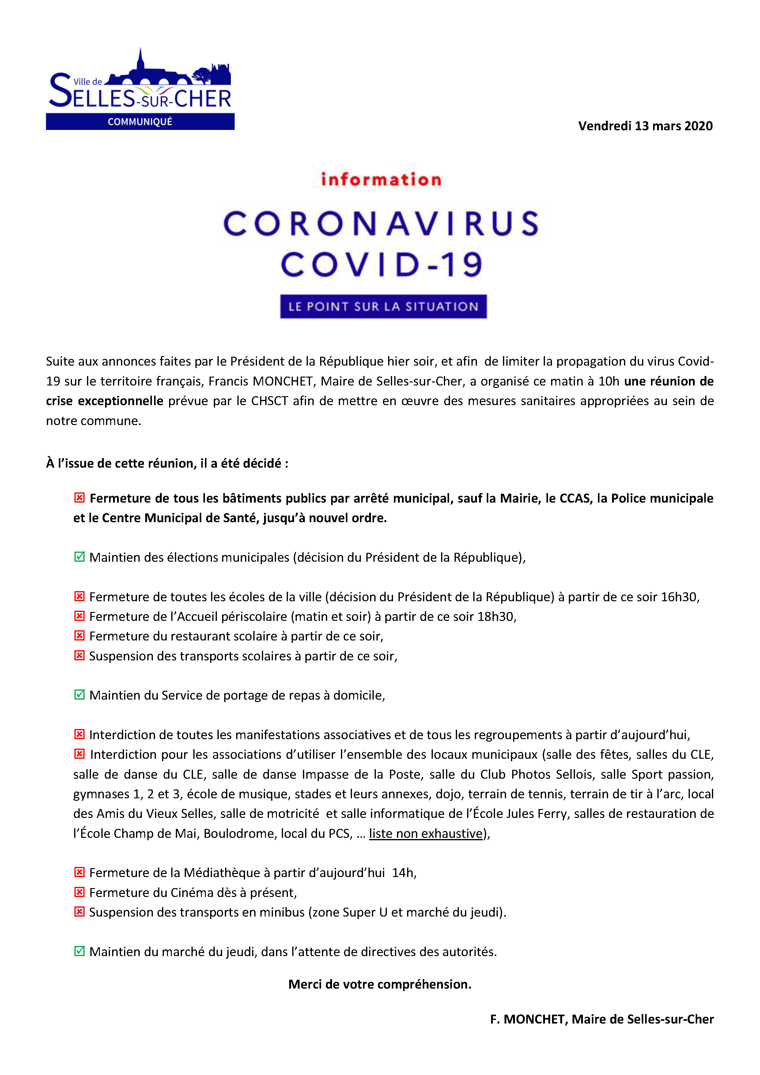 Covid-19 : les mesures à Selles-sur-Cher